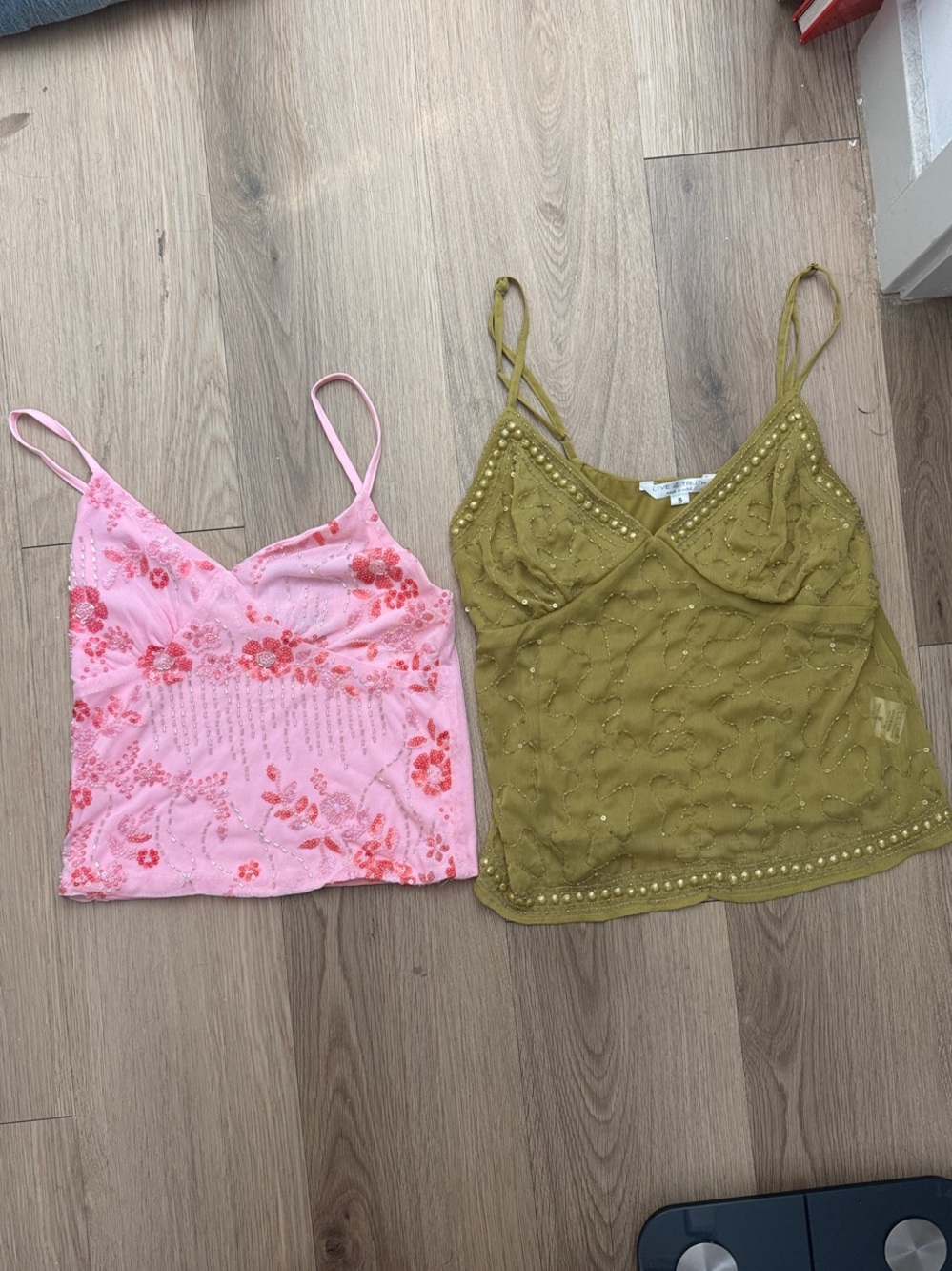 Studio Pink & Olive Green Beaded Floral Lace Cami Duo